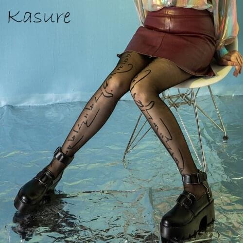 KASURE 2020 New Fashion Arabic Letter Tights Women Classic Character Silk Tights With Tattoo Thin Nylon Sexy Mesh Pantyhose