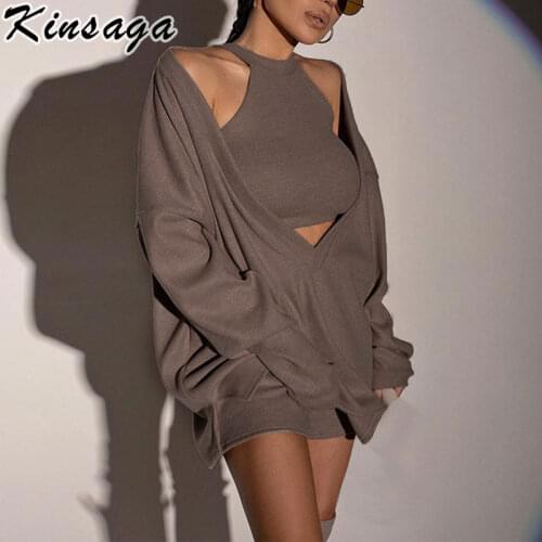 Sexy Knitted Camis 2 Piece Set Women V-neck Long Pullover Sweatshirts Casual Brown Sets Sport Sleeveless Crop Top Hoodies Outfit