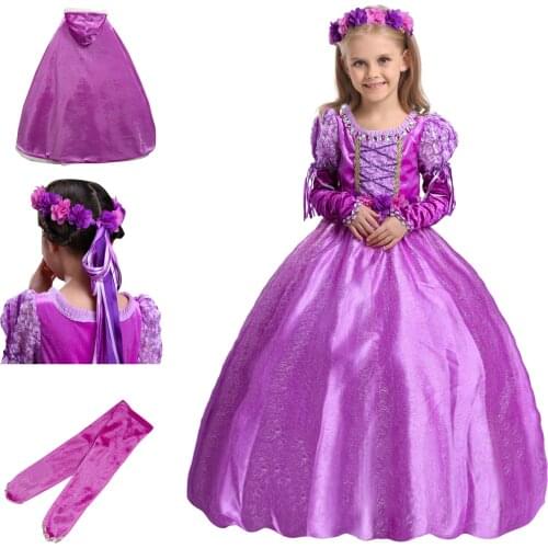 2019 Children Purple Princess Sofia Rapunzel Dresses Kids Party Christmas Cosplay Costume Girls Clothes with Sleeves