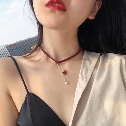 2020 New Arrival Women Chokers Necklaces Trendy Chain Cotton Heart Party Necklace For Female Korean Jewelry Red Heart Necklace