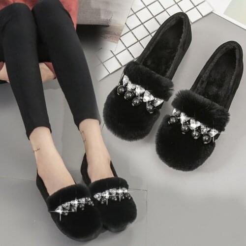 42 big size women rabbit fur flats big pearl slip on loafers warm plush winter creepers shoes woman rhinestone fur moccasins 508