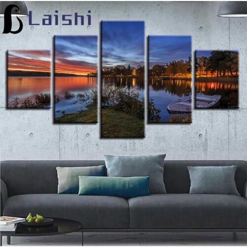 5pcs Full square round diamond painting Natural sunset lakeside scenery diamond embroidery rhinestone mosaic diamond inlaid