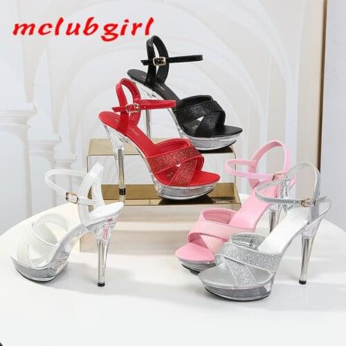 Mclubgirl Sequins Transparent High Heels Summer Women Waterproof Platform Rhinestone Sexy Fairy Thin HEELS SANDALS LFD