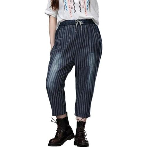 Spring Summer Plus Size Women Denim Harem Jeans Pants Elastic Waist Striped Fashion Casual Ankle Length Baggy Trousers For Woman