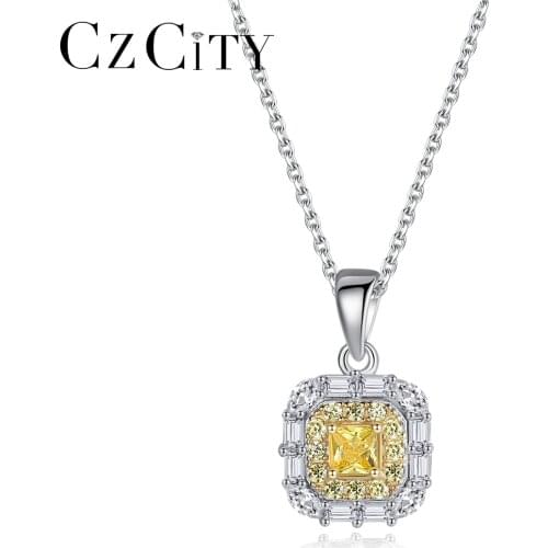 CZCITY High Quality 925 Sterling Silver Square Yellow Topaz Pendant Necklaces Women Charming Chain Necklace Fine Jewelry SN0310