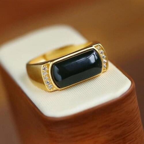 FYSL Light Yellow Gold Color Geometric Shape Black Obsidian Stone Resizable Finger Ring Trendy Jewelry