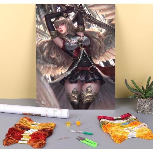 Cartoon Girl Woman Printed Water-Soluble Canvas 11CT Cross Stitch DIY Embroidery Full Kit DMC Threads Handicraft Mulina