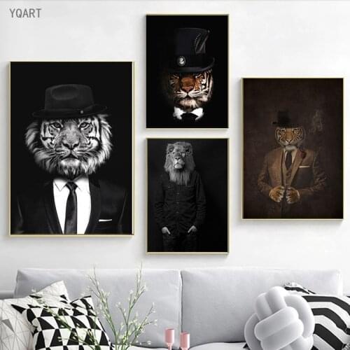 Animals In A Suit Canvas Paintings Gentle Tiger and Lionwith Human Clothes Posters and Prints Picture for Modern Home Room Decor