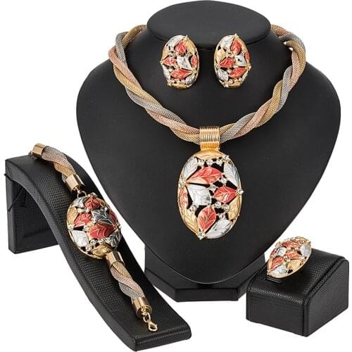 NEWAfrican Dubai Gold Jewelry Nigerian Crystal Necklace Hoop Earrings Ring Women Italian Bridal Jewelry Sets Wedding Accessories