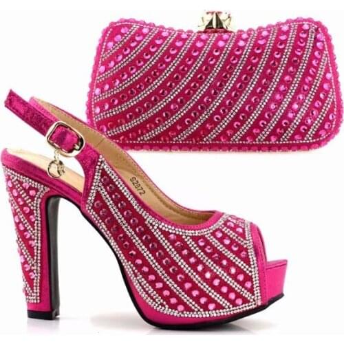 Beautiful Crystal Design Handbag Matching Shoes Set for Fuchsia African Women Pumps And Bag Set For Dress S2872