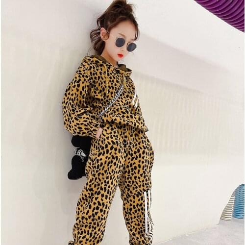 Fashion Girls Clothes Leopard Print Sportswear Sets Hooded Sweatshirts Pants Joggers Kids Casual Suits Hip Hop Childrens Wear
