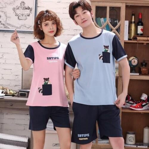 Cat Cartoon Pullover Short Sleeve Pants Pajama Couples Lovers Jammies O-Neck Casual Sleepwear Nightwear Pyjamas 6535 Cotton HDE