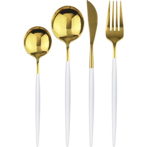 4Pcs White Gold Dinnerware Set Dessert Spoon Flatware Set 304 Stainless Steel Tableware Mirror Kitchen Cutlery Silverware Set