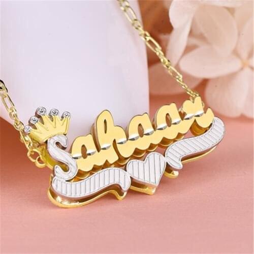 3UMeter Custom Double Layer Nameplate Necklace Personalized Crown Love Heart Name Necklace Women Necklace Gift Dropshipping