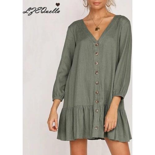 LZEQuella Women Dress Mini Shirt Dresses Long Sleeve Buttons V Neck Pleated Dresses Vintage Spring Female Vestidos Dresses