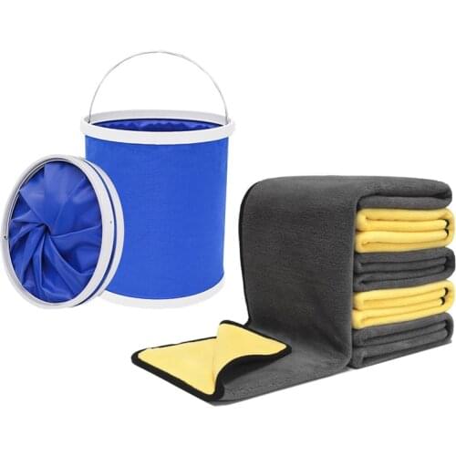 NEW Car Wash Microfiber Towel Thicken Double Layer Soft Drying Cloth Detailing Portable Outdoor Folding Bucket Cleaning Tool Set