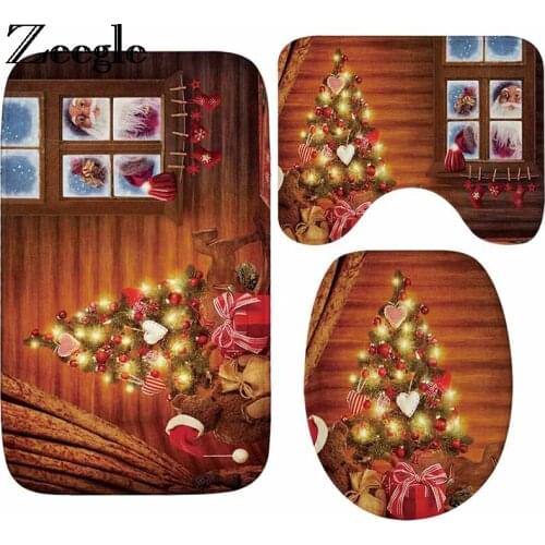 Zeegle Christmas Bath Mat 3pcs Bathroom Carpet Non-slip Bath Rugs Shower Mat Absorbent Toilet Lid Cover Bathroom Mat Set