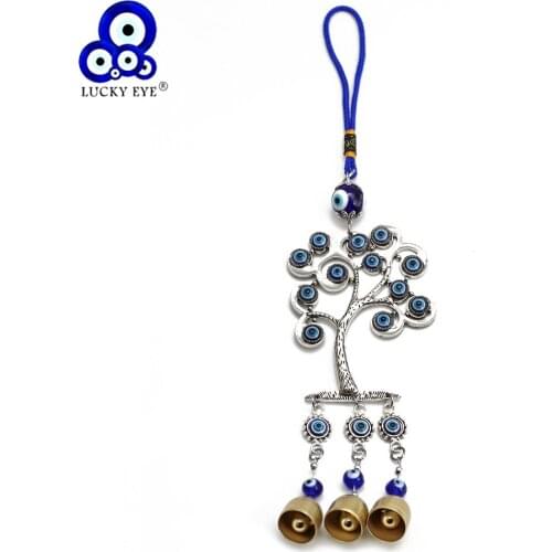 Lucky Eye Alloy Tree of Life Pendant Blue Turkish Evil Eye Beads Wall Hanging Decorations for Home Living Room Car BE161