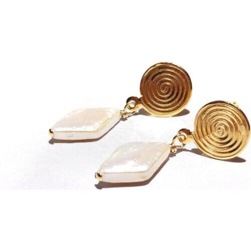 Lii Ji Diamond Shape White Color Freshwater Pearl Earrings 925 Sterling Silver Gold Plated Stud Earrings