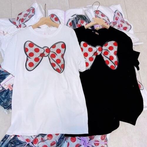 Heavy industry bow hot diamond short-sleeved t-shirt women summer new loose top tees