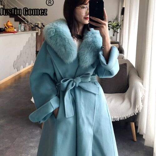High Quality Loose Fox Hair Collar Coat 2020 Female Warm Winter Wool Coats With Belt Elegant Long Cardigan For Women