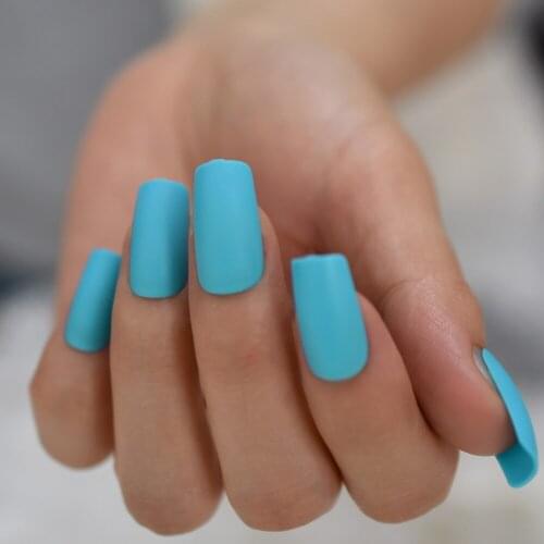 Bright Blue Matte False Nails Frosted Women Fake Nail Square Top Finish Designs Finger Nail Art Tips with Adhesive Tabs