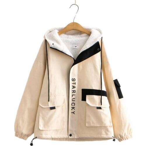 Women Cotton Liner Hooded Parkas 2021 Winter Thicken Long Sleeve Zipper Jacket Letter Print Casual Outerwear Warm Coat