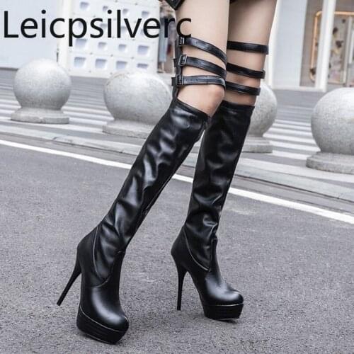 Womens Boots Autumn And Winter The New fashion Round head belt buckle High heel Womens Over the knee boots plus size 32-46