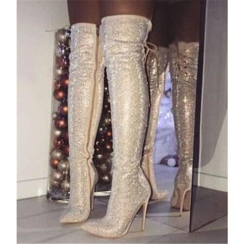 Women Side Zip Full Rhinestone Over Knee Thin Heel Boots Pointy Toe Bling Bling Crystal Slim High Heel Back Lace up Boots Shoes