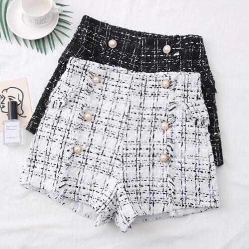 Autumn Winter Tweed Woolen Shorts Women High Waist Double Breasted Pearl Fringe Shorts Female All Match Casual Wide Leg Shorts