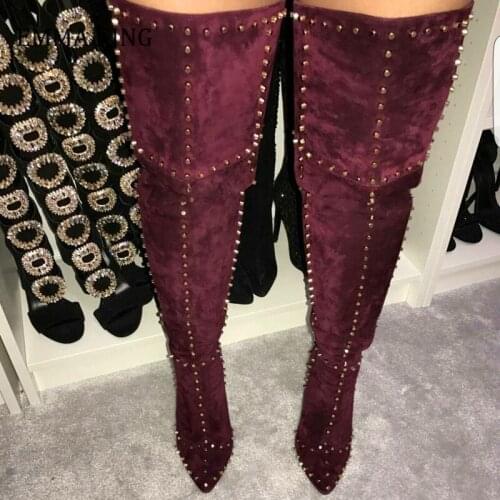 2020 Women Suede Studded Rivets Over The Knee High Boots Pointe Toe Thigh High Gladiator Boots Stiletto Heels Zipper Shoes Mujer