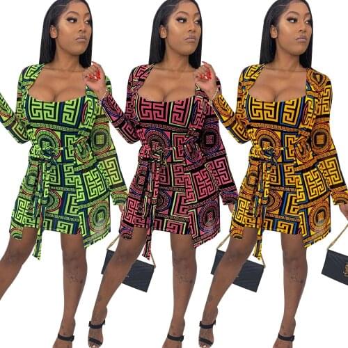 COLDKER Women 2 Piece set Vintage Printed Tracksuits Cloak Womens Long Sleeve Bodycon Dress Set Night Out clothing for ladies