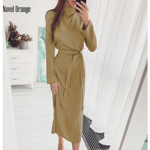 Women Belt Half High Collar Solid Long Party Dress Spring Autumn Casual Full Sleeve Ladies Dress Slim Elegant Streetwear Vestido