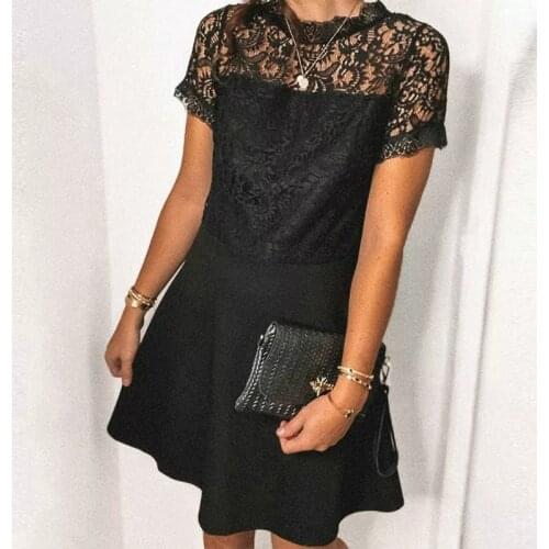 Women Sexy Lace Patchwork Hollow Out Dress 2021 Summer Chic O-Neck Short Sleeve See-Through Black Party A-Line Dress Vestidos