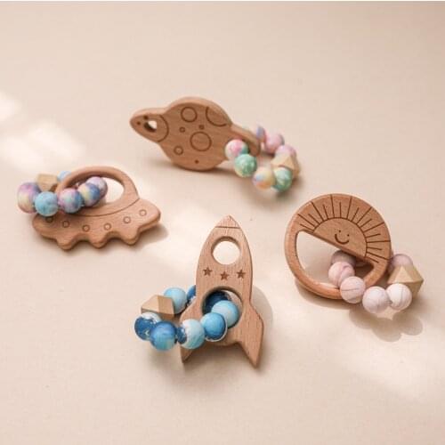 1PC Baby Teether Beech Toys Bracelet Wooden Spaceship Rocket Chew Teething Care Teether Wooden Ring for Baby Gifts