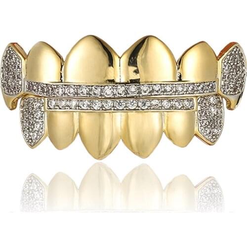 18k Gold Silver Color Punk Iced Out Hip Hop Teeth Grillz Micro Pave Cubic Zircon Top Bottom Vampire Teeth Set Men Jewelry Gifts