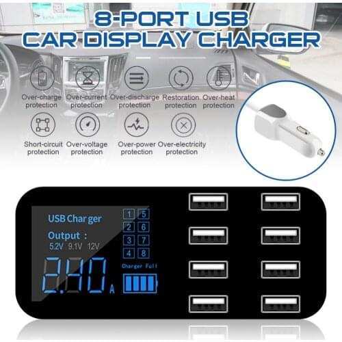 8-Port Car Lighter Charging Station Hub with LCD Display Ultra-thin USB Car Charger