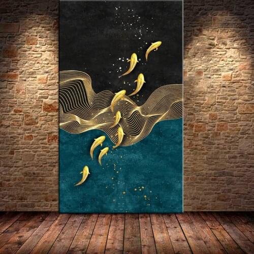 Abstract Gold Lotus Fishes Canvas Painting Modern Poster Art New Chinese Style Canvas Decor Wall Pictures for Living Room Aisle
