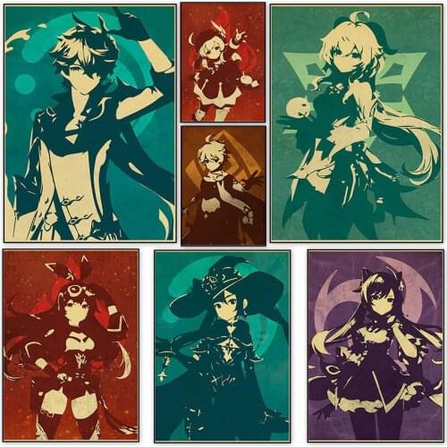 Genshin Impact Game Anime Retro Posters Classic Superhero Canvas Painting Living Room Home Bedroom Decoration Wall Art Pictures