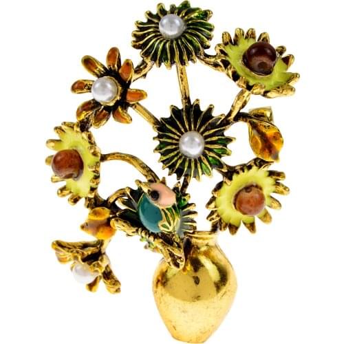 CINDY XIANG New Design Sunflower Vase Brooches Vintage Enamel Flowers Brooch Pins Elegant Suit Cardigan Pearls Pin Jewelry Gift