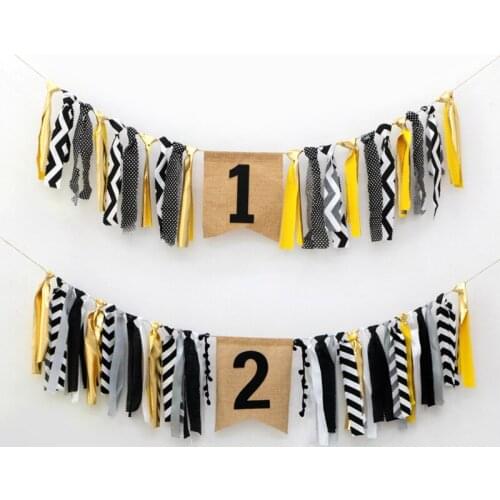 Baby 1 year old pull flag one birthday black cloth strip pull flag blue pink linen flag dining chair pull flag fabric art