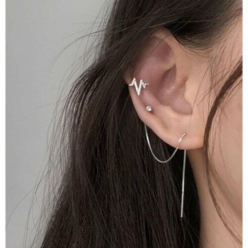 Design Silver Zircon Long Ear Wire Chain Earrings 925 Wave Heartbeat Ear Cuff Clip On Earring For Fashion Women Girl Gift