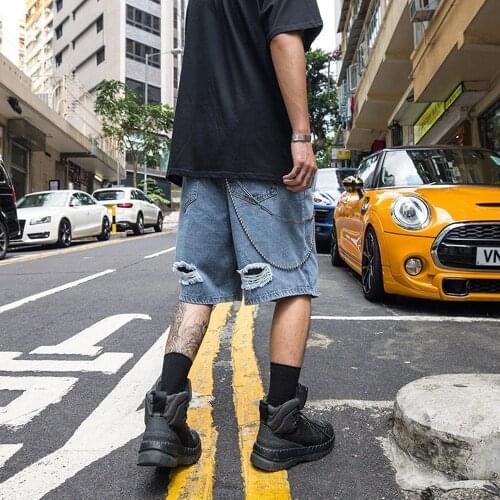 High Street Loose Denim Shorts Wash Water Make Old Holes Beggar Style Casual Mid Waist Capris Mid Pants Mens Fashion
