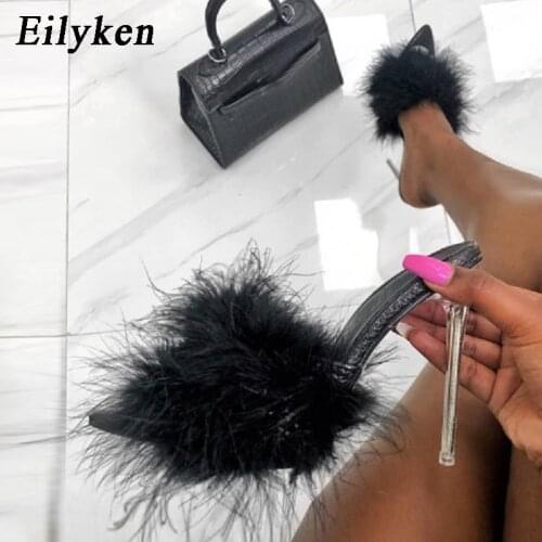 Eilyken 2021 New Transparent Crystal High heels Woman Feather Fur Slippers Pumps Women Peep toe Mules Lady Slippers Slides White