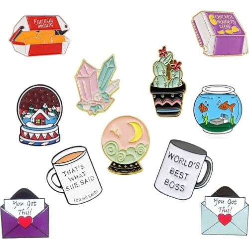 Crystal ball Enamel Brooch Boss cup envelope Fried chicken fish tank Cactus Lapel Pin bag Jackets Badge Valentines Day gifts