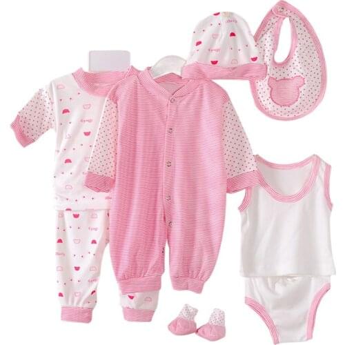 8pcs/set Striped baby Newborn sets Summer pure cotton set Pajamas+Romper+Hat+Bibs+Socks+Vest+Underpants pink blue coffee