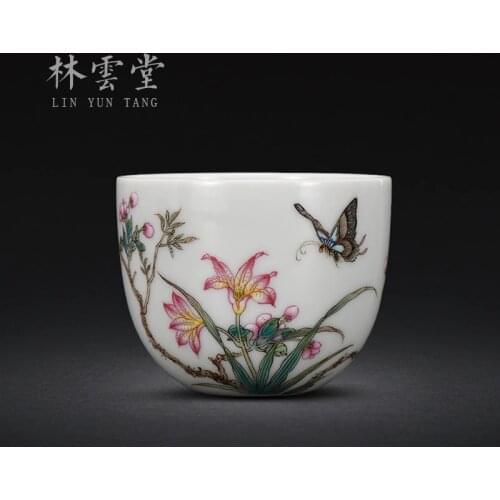 Lin Yuntang hand painted butterfly and Lily enamel Master Cup single cup Jingdezhen handmade ceramic kungfu tea cup