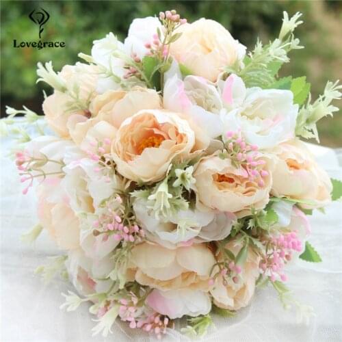 Lovegrace Bouquet Flower Artificial Silk Peony 18 Heads Champagne Flower Bouquet Peony Decor Bridal Bridesmaids Wedding Bouquets