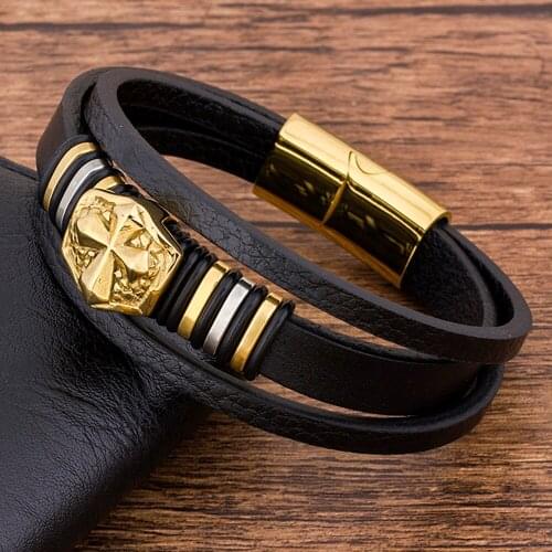 Stainless Steel Magnetic Multilayer Wholesale Accessories Black Leather Bracelet Cross Men Charm Trendy Fashion Luxury Bangles