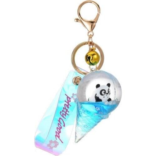Cute ice cream Jewelry Acrylic Keyring Floating Bottle Oil Panda Keychain Diy Women Couple Backpack Pendant Liquid Keyfob Gifts
